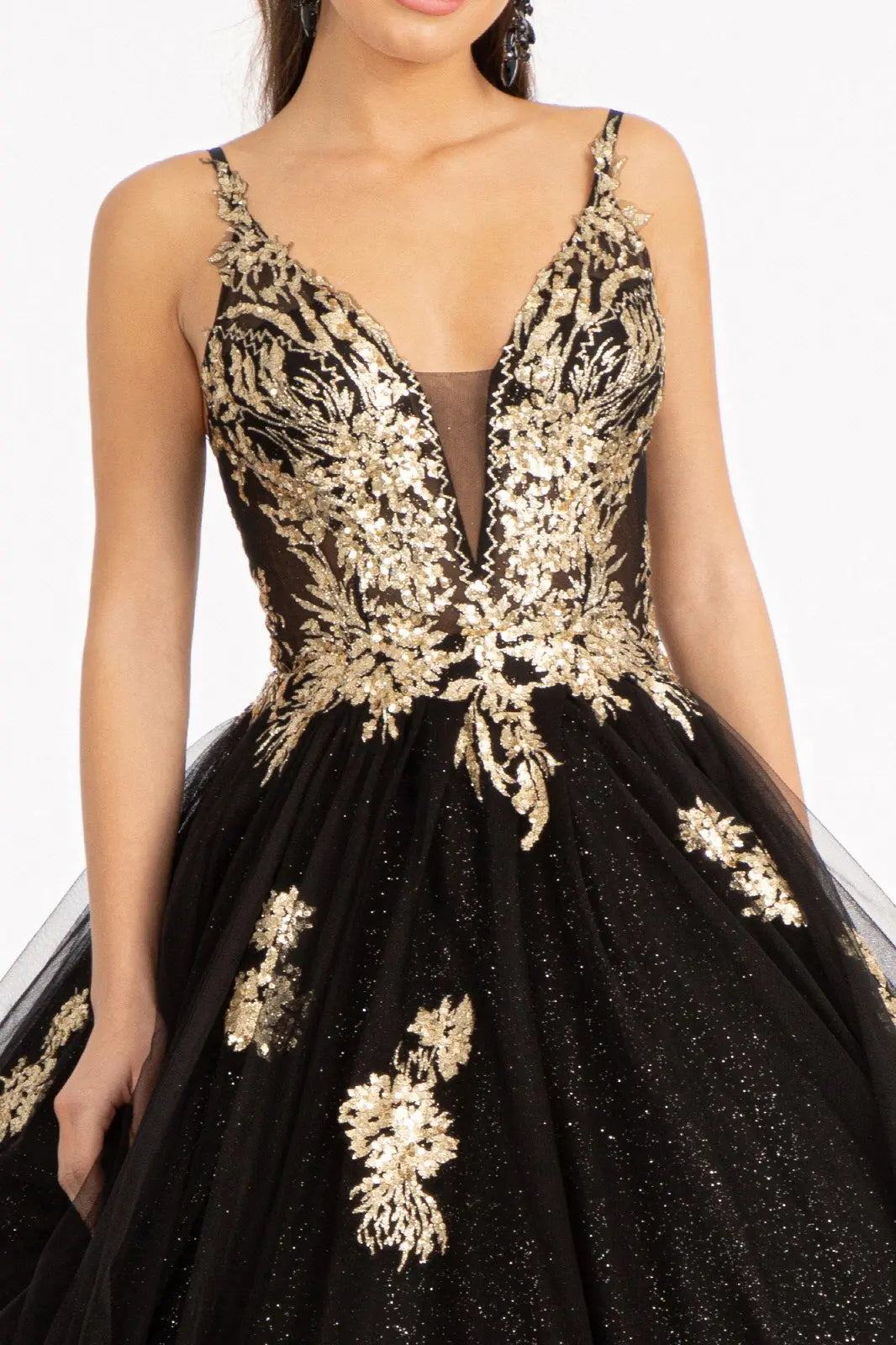 Glitter embellished mesh quinceanera gown w sequin and sheer bodice GLGL3021