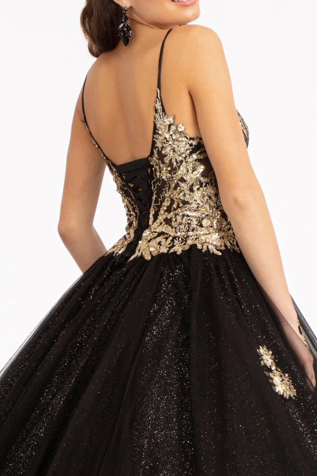 Glitter embellished mesh quinceanera gown w sequin and sheer bodice GLGL3021