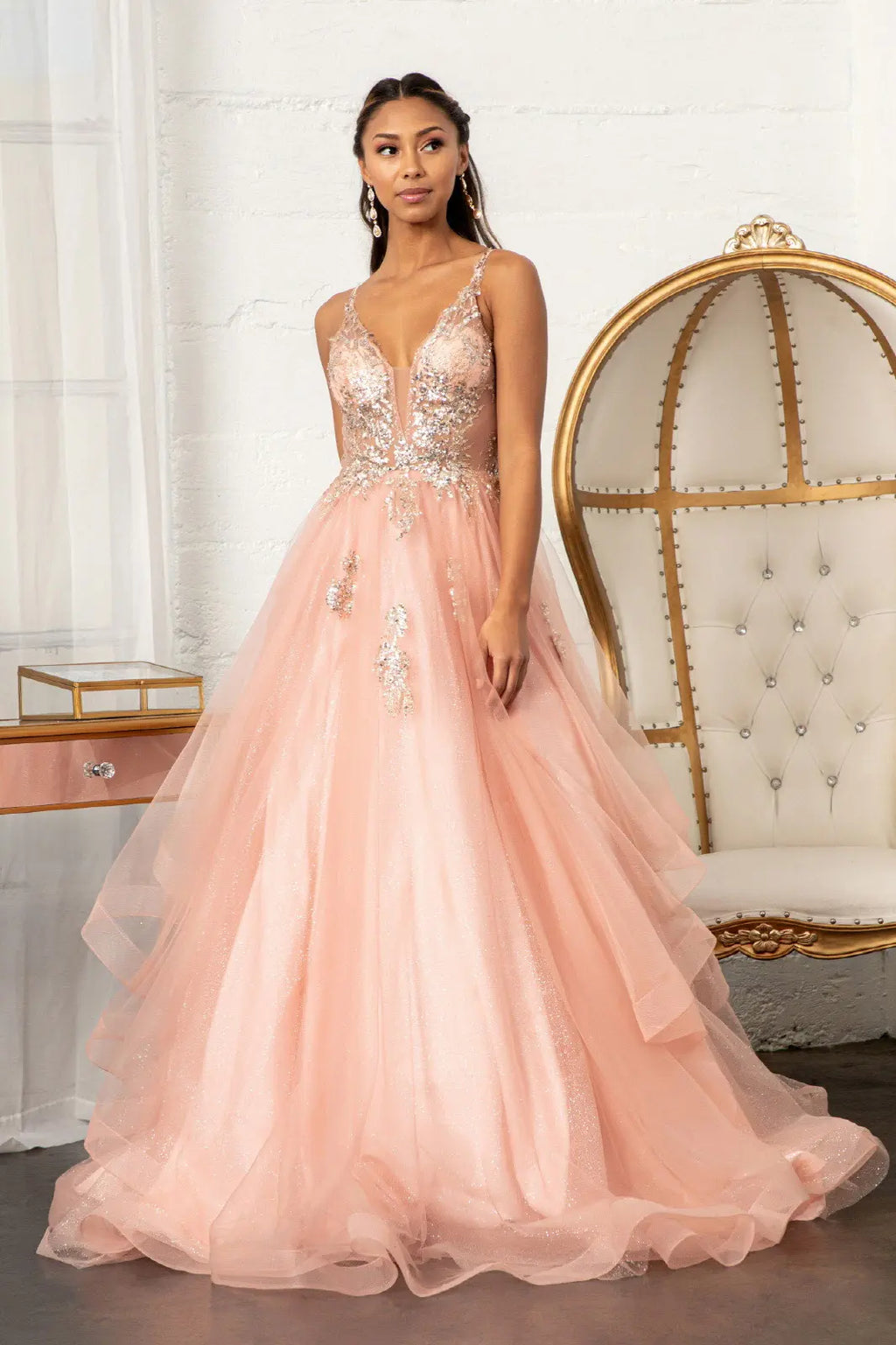 Glitter embellished mesh quinceanera gown w sequin and sheer bodice GLGL3021