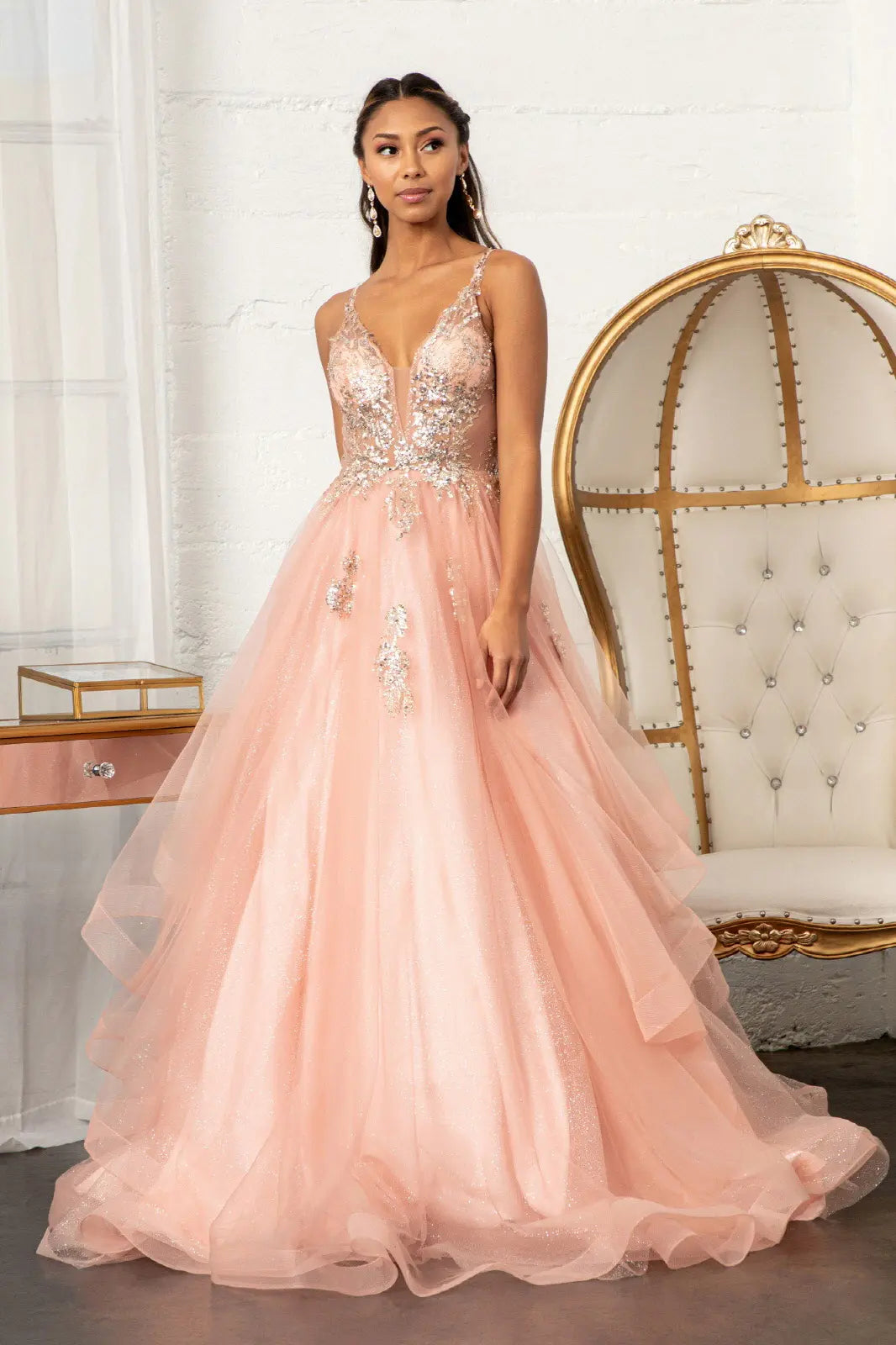 Glitter embellished mesh quinceanera gown w sequin and sheer bodice GLGL3021