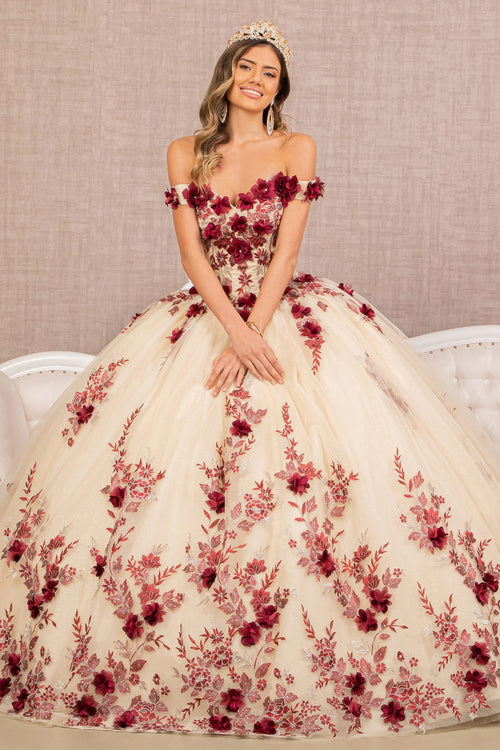 3D Flower Embroidery Off Shoulder Mesh Quinceanera Dress GLGL3105