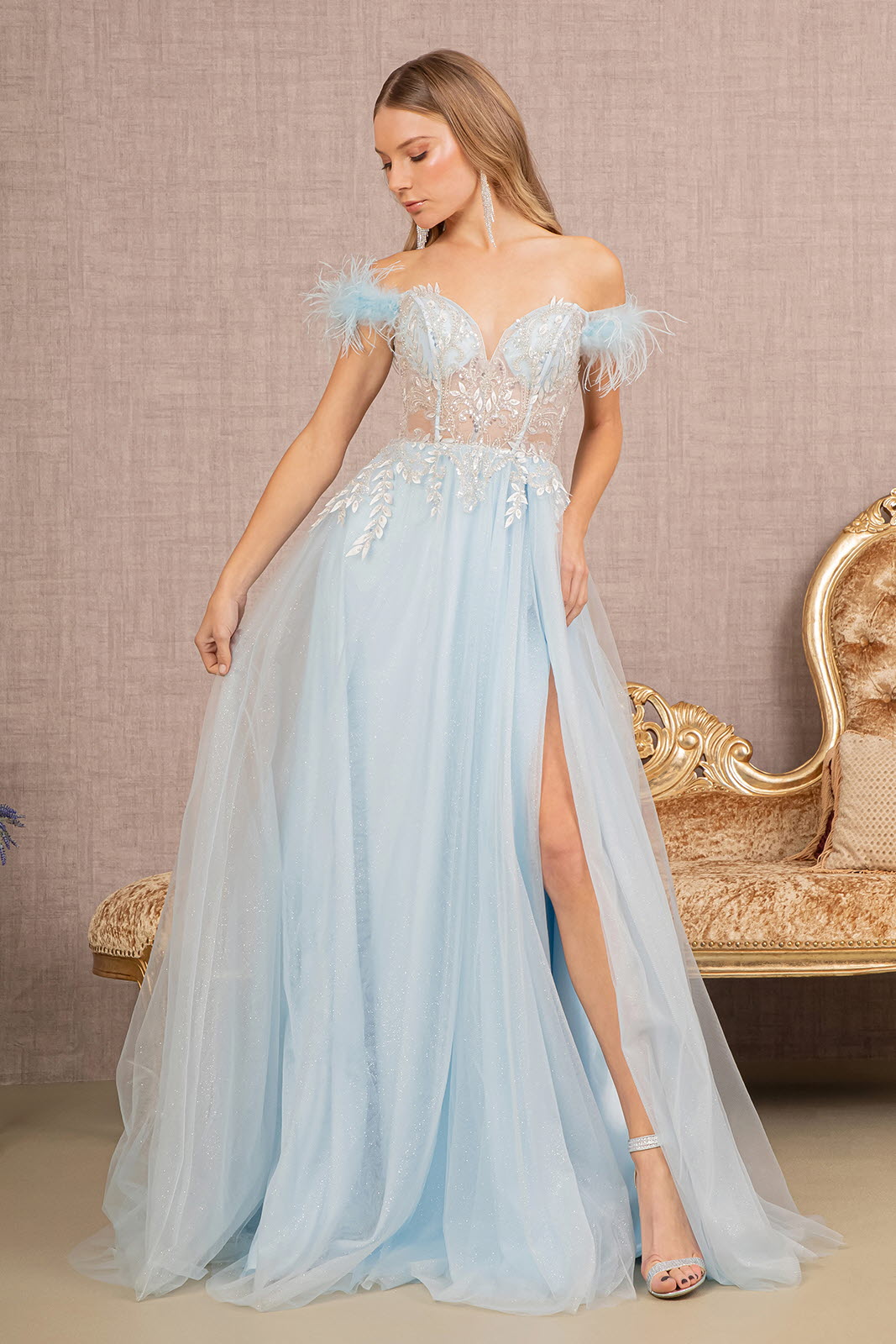 Feather Straps Sheer Bodice Glitter Sequin Mesh A-line Long Prom Dress GLGL3135