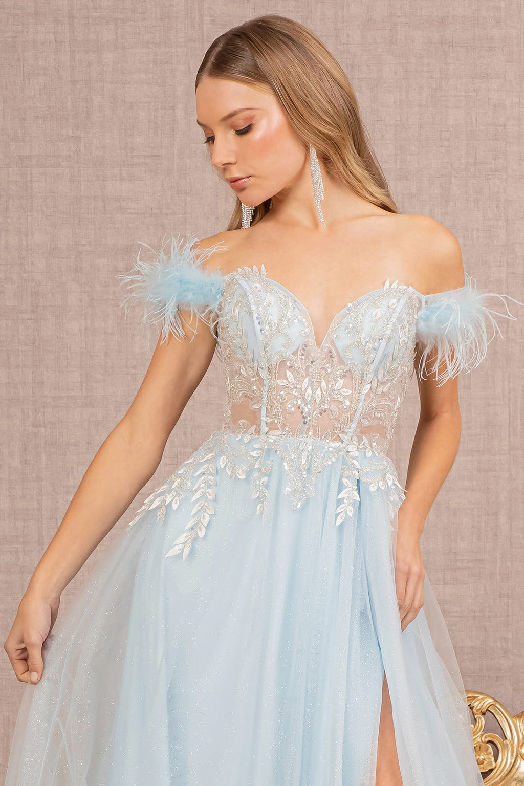 Feather Straps Sheer Bodice Glitter Sequin Mesh A-line Long Prom Dress GLGL3135