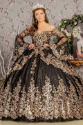 Gold sequin off shoulder mesh ball gown w detachable long sleeves GLGL3184
