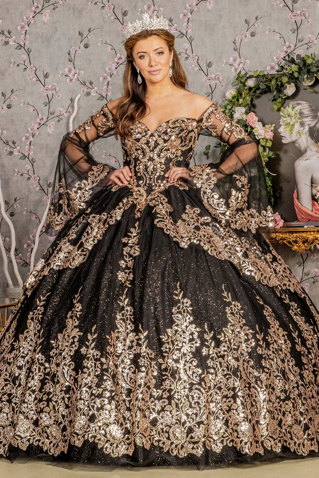 Gold sequin off shoulder mesh ball gown w detachable long sleeves GLGL3184