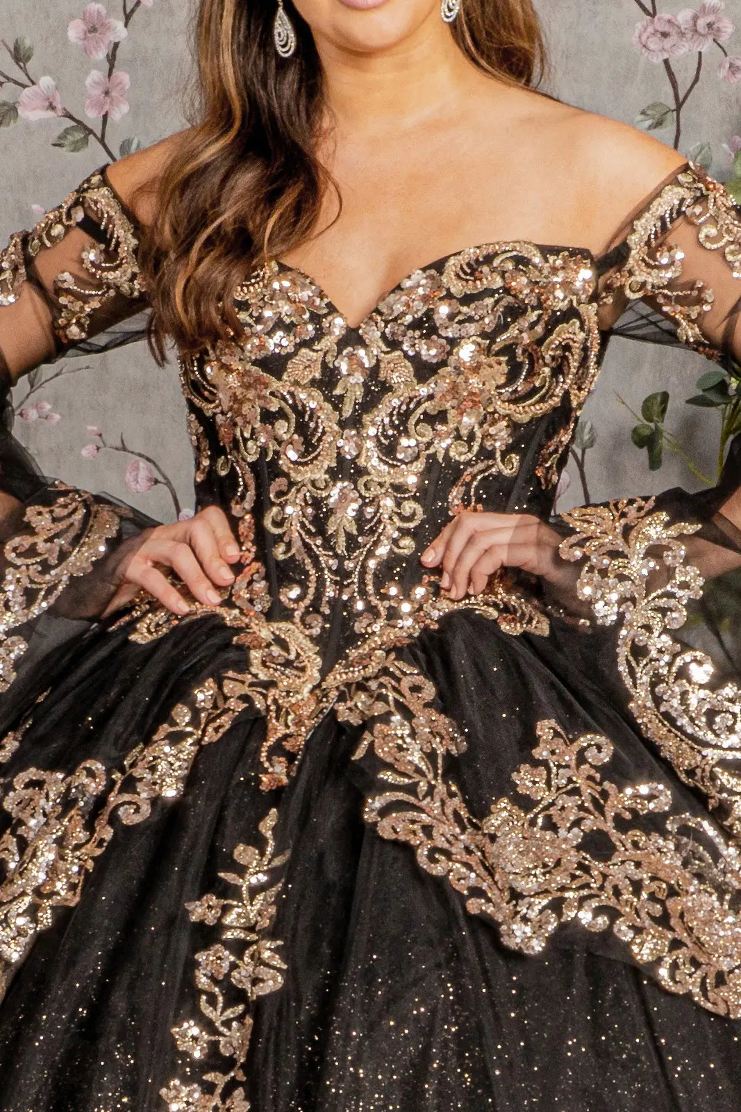 Gold sequin off shoulder mesh ball gown w detachable long sleeves GLGL3184