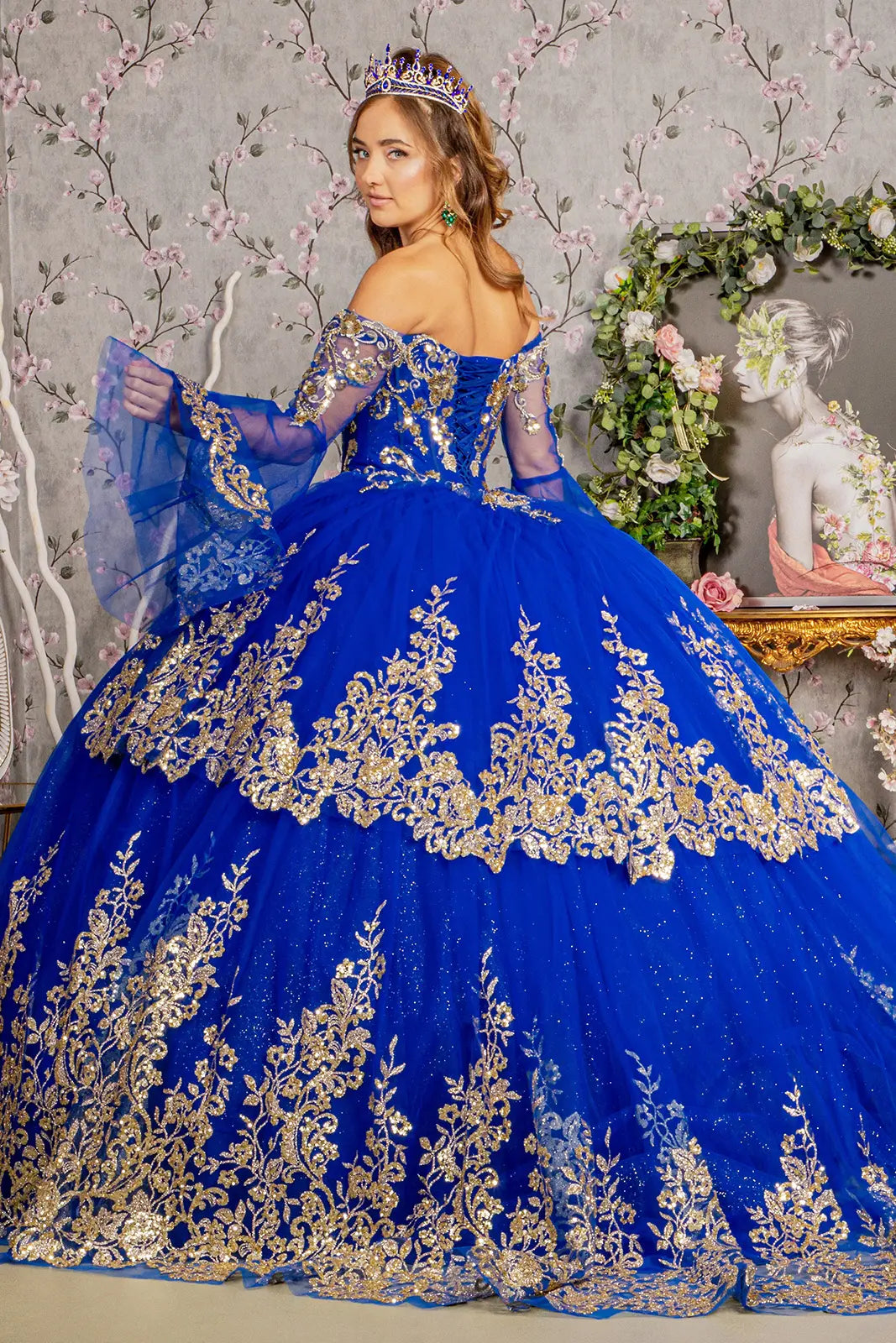 Gold sequin off shoulder mesh ball gown w detachable long sleeves GLGL3184