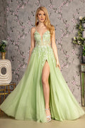 3 d flower glitter sheer bodice mesh a line long dress w side slit GLGL3202