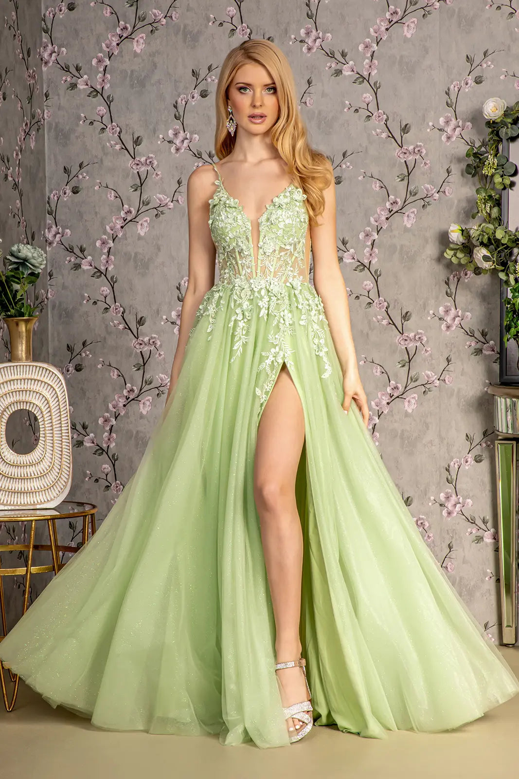 3 d flower glitter sheer bodice mesh a line long dress w side slit GLGL3202