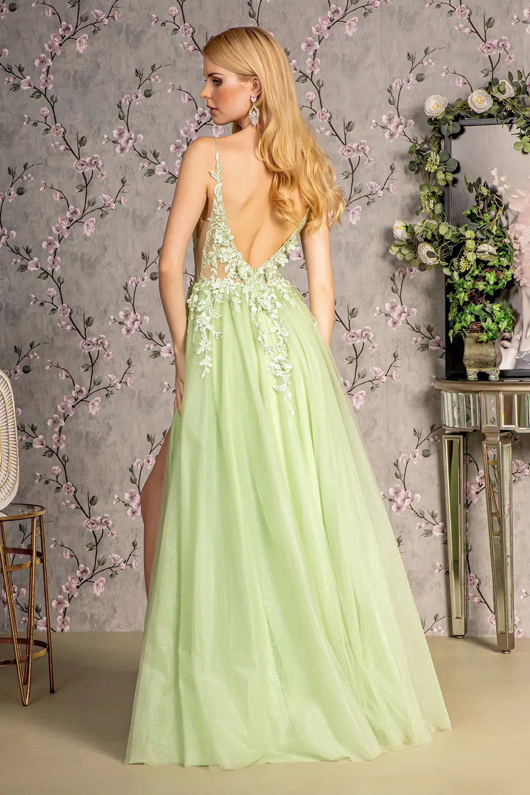 3 d flower glitter sheer bodice mesh a line long dress w side slit GLGL3202