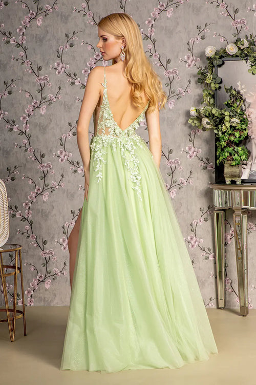3 d flower glitter sheer bodice mesh a line long dress w side slit GLGL3202