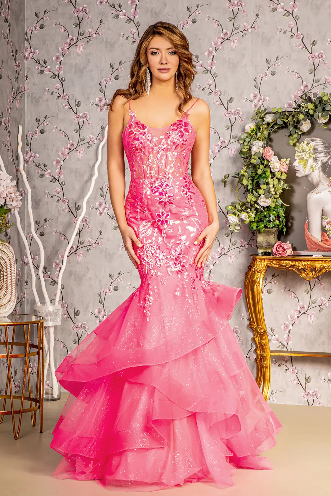 Glitter sequin sheer bodice mesh trumpet long dress w ruffled hem GLGL3205