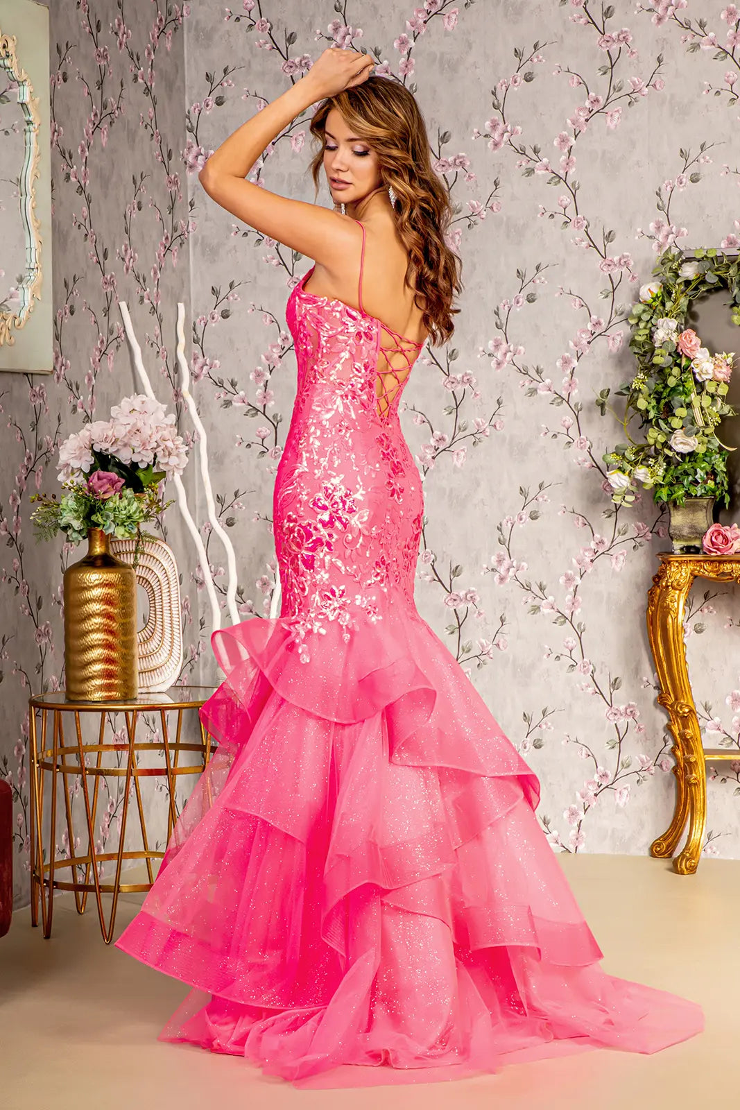 Glitter sequin sheer bodice mesh trumpet long dress w ruffled hem GLGL3205