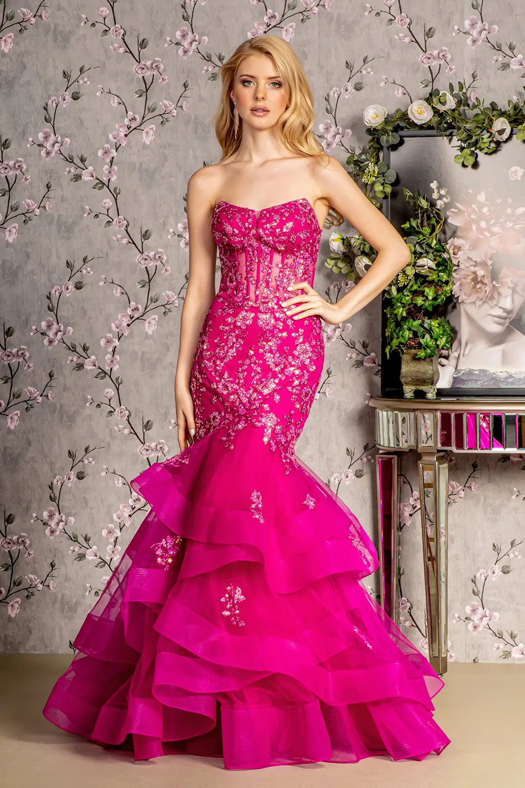 Sequin sheer bodice ruffled skirt mesh trumpet long dress GLGL3216