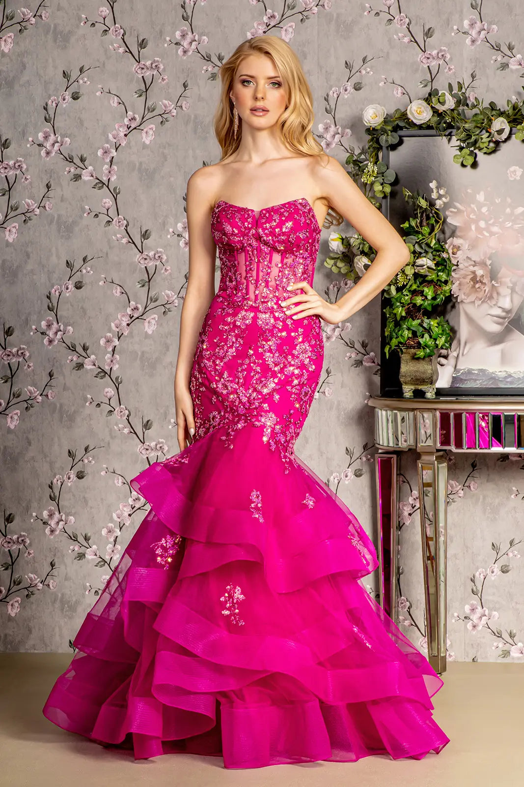 Sequin sheer bodice ruffled skirt mesh trumpet long dress GLGL3216