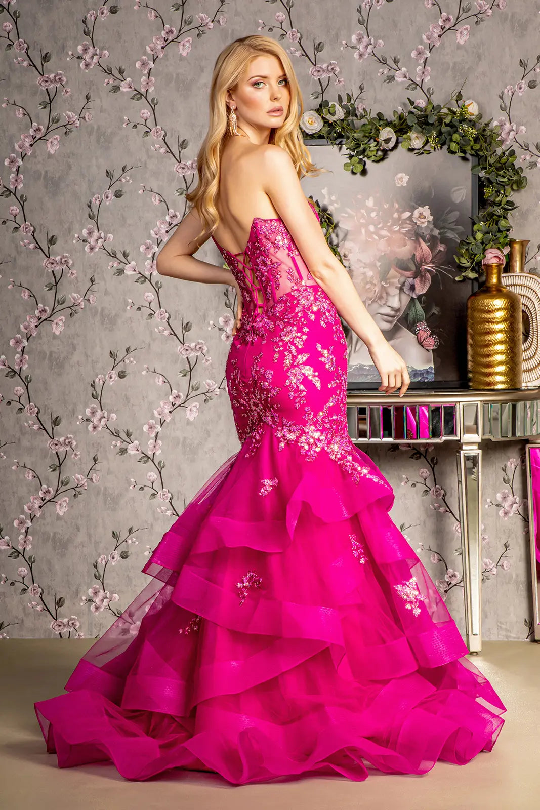 Sequin sheer bodice ruffled skirt mesh trumpet long dress GLGL3216