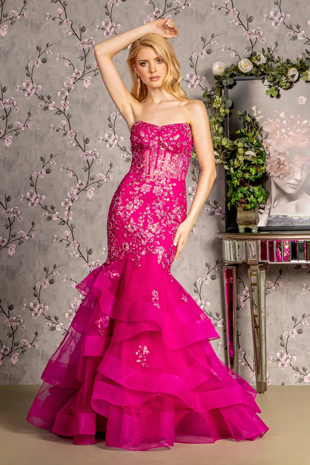 Sequin sheer bodice ruffled skirt mesh trumpet long dress GLGL3216