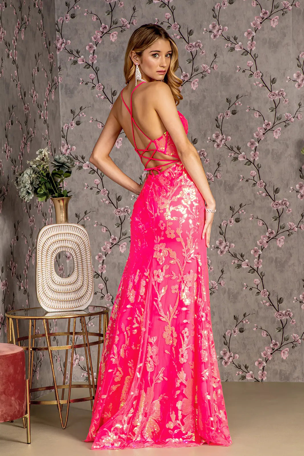 Sequin cut out back sheer bodice mesh mermaid long dress GLGL3219