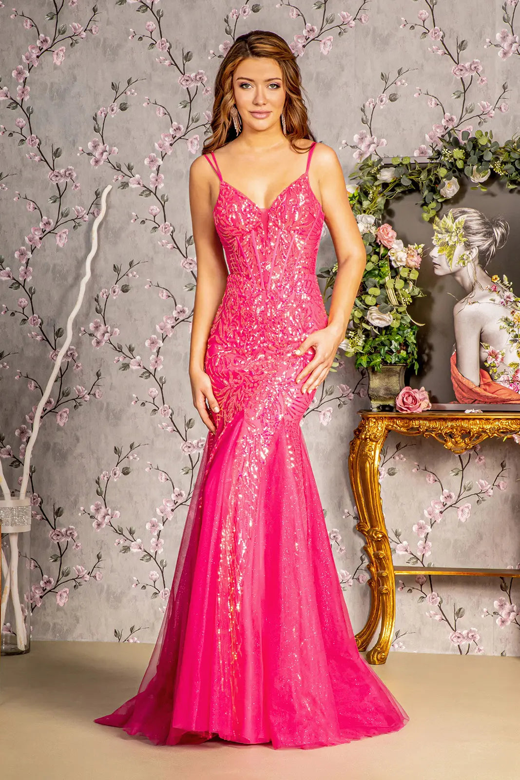 Sequin illusion sweetheart sheer bodice mesh mermaid long dress GLGL3228