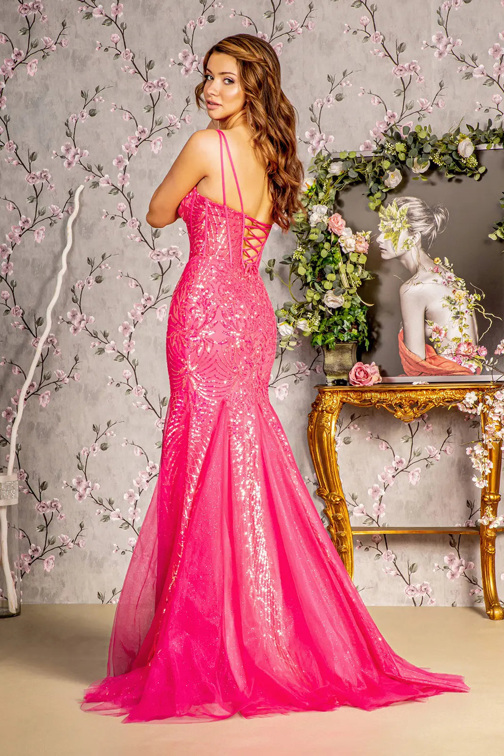 Sequin illusion sweetheart sheer bodice mesh mermaid long dress GLGL3228