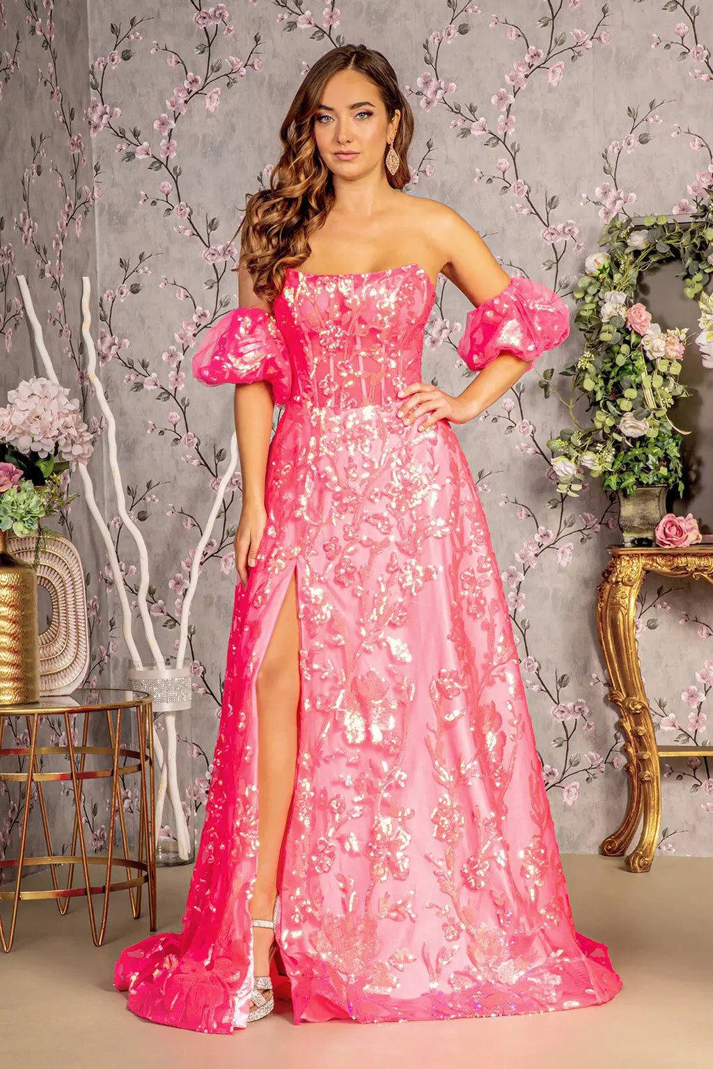 Sequin sheer bodice mesh a line long dress w puff sleeves GLGL3311