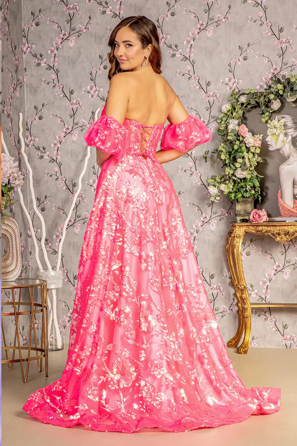 Sequin sheer bodice mesh a line long dress w puff sleeves GLGL3311