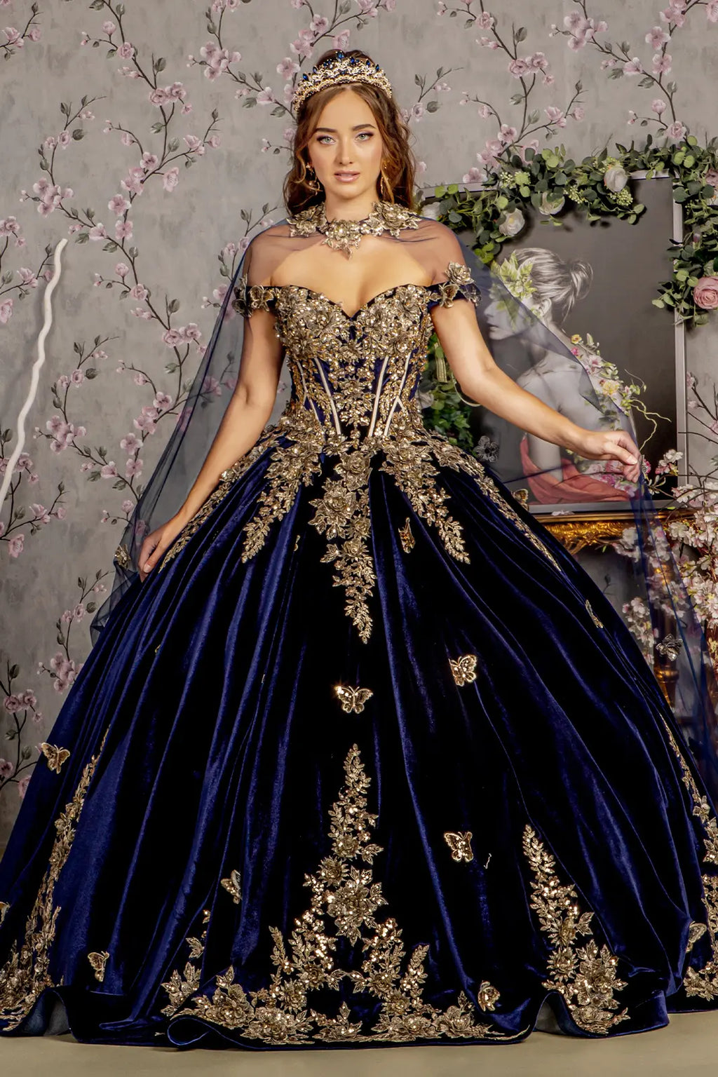 Metallic embroidery jewel velvet ball gown w long mesh cape GLGL3471