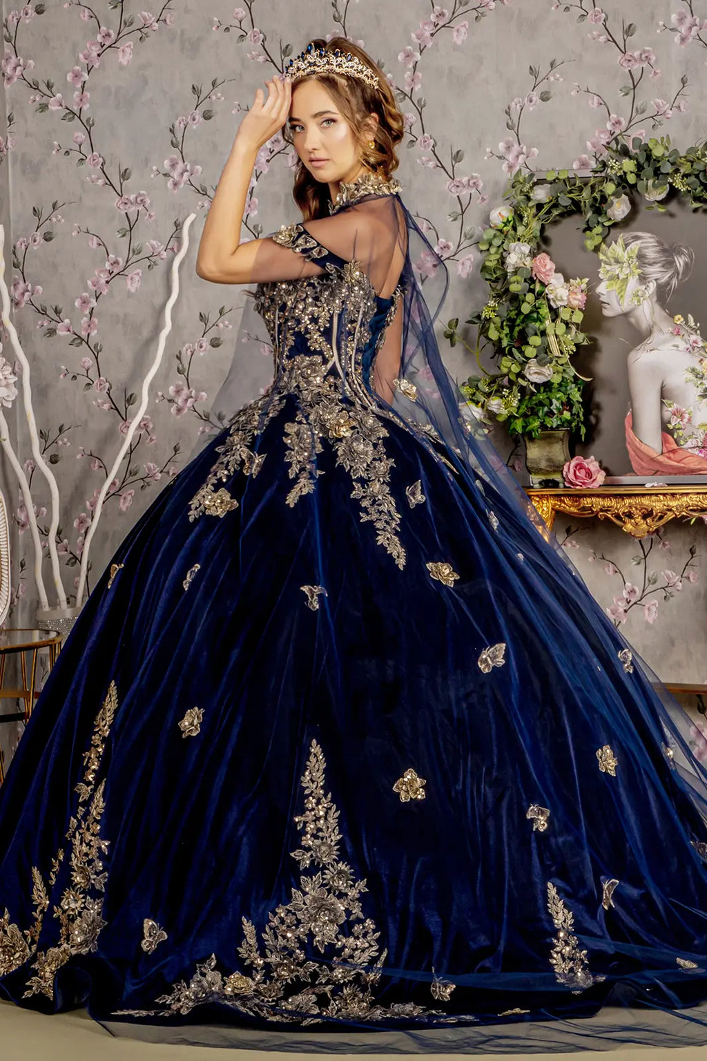 Metallic embroidery jewel velvet ball gown w long mesh cape GLGL3471