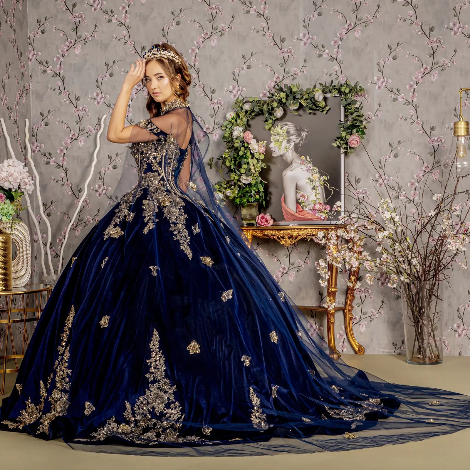 Metallic embroidery jewel velvet ball gown w long mesh cape GLGL3471