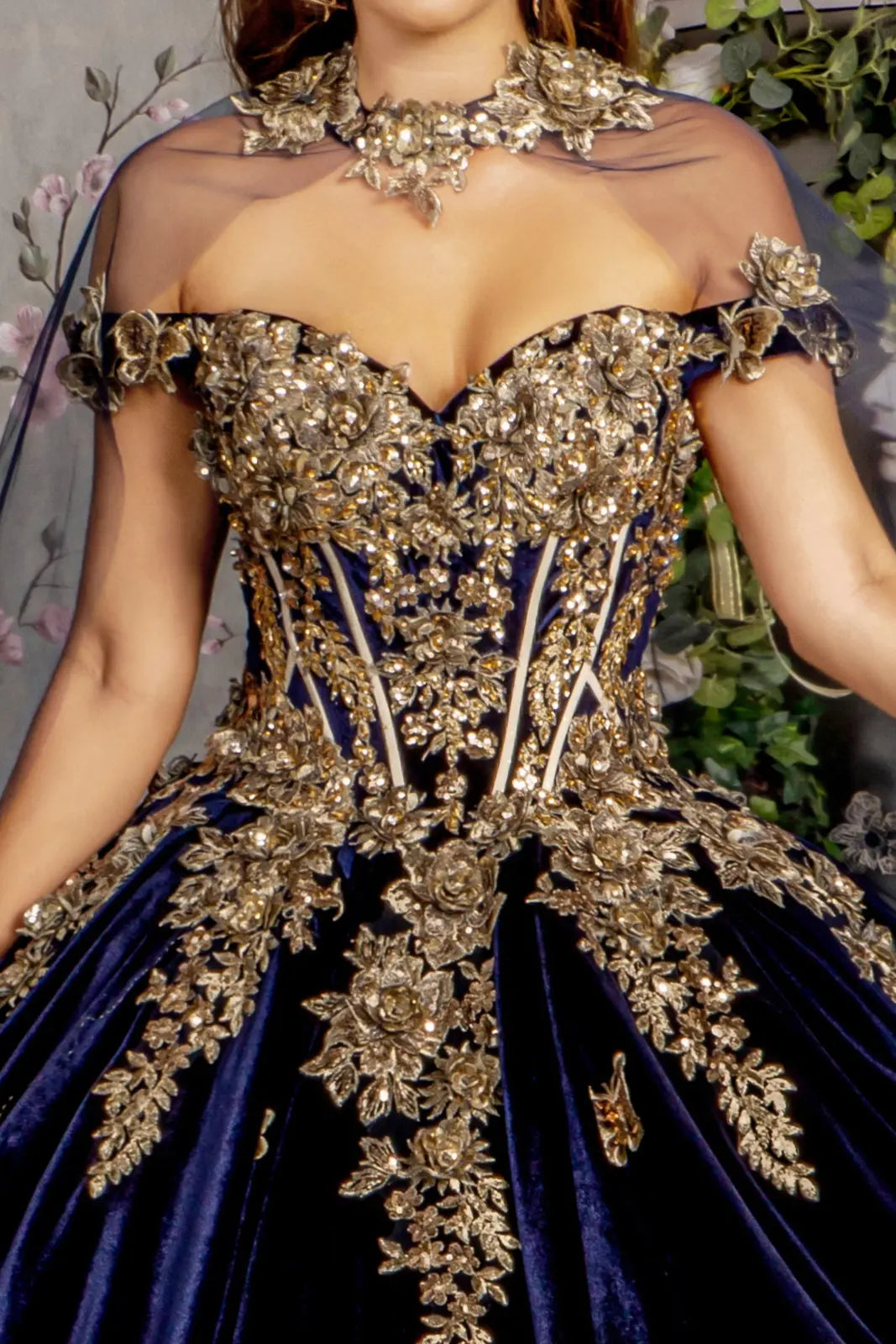 Metallic embroidery jewel velvet ball gown w long mesh cape GLGL3471