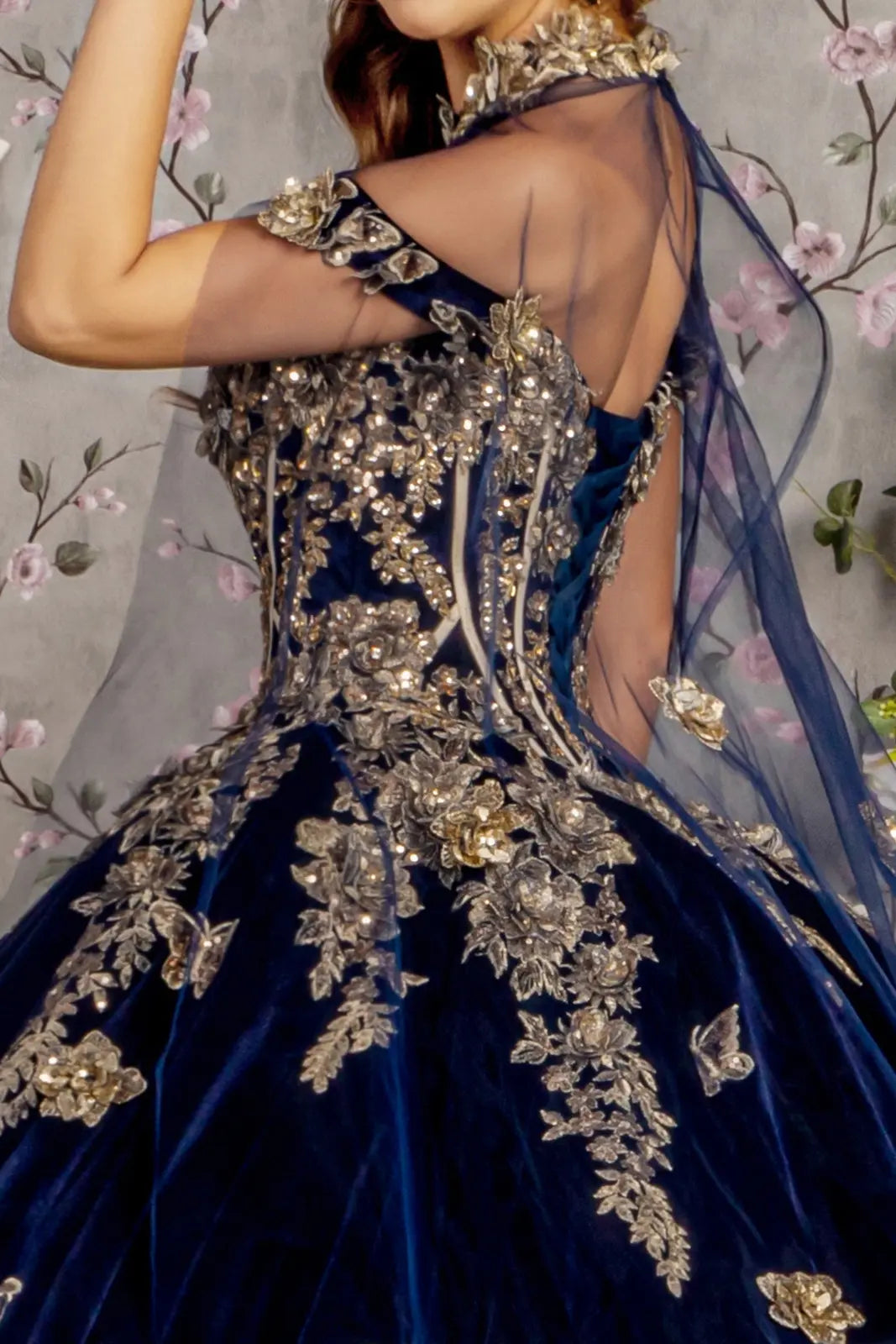 Metallic embroidery jewel velvet ball gown w long mesh cape GLGL3471