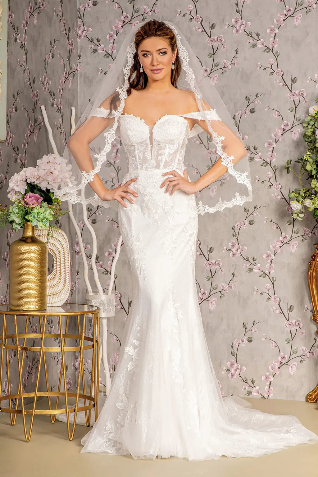 Glitter off shoulder sheer bodice mesh mermaid wedding gown GLGL3488