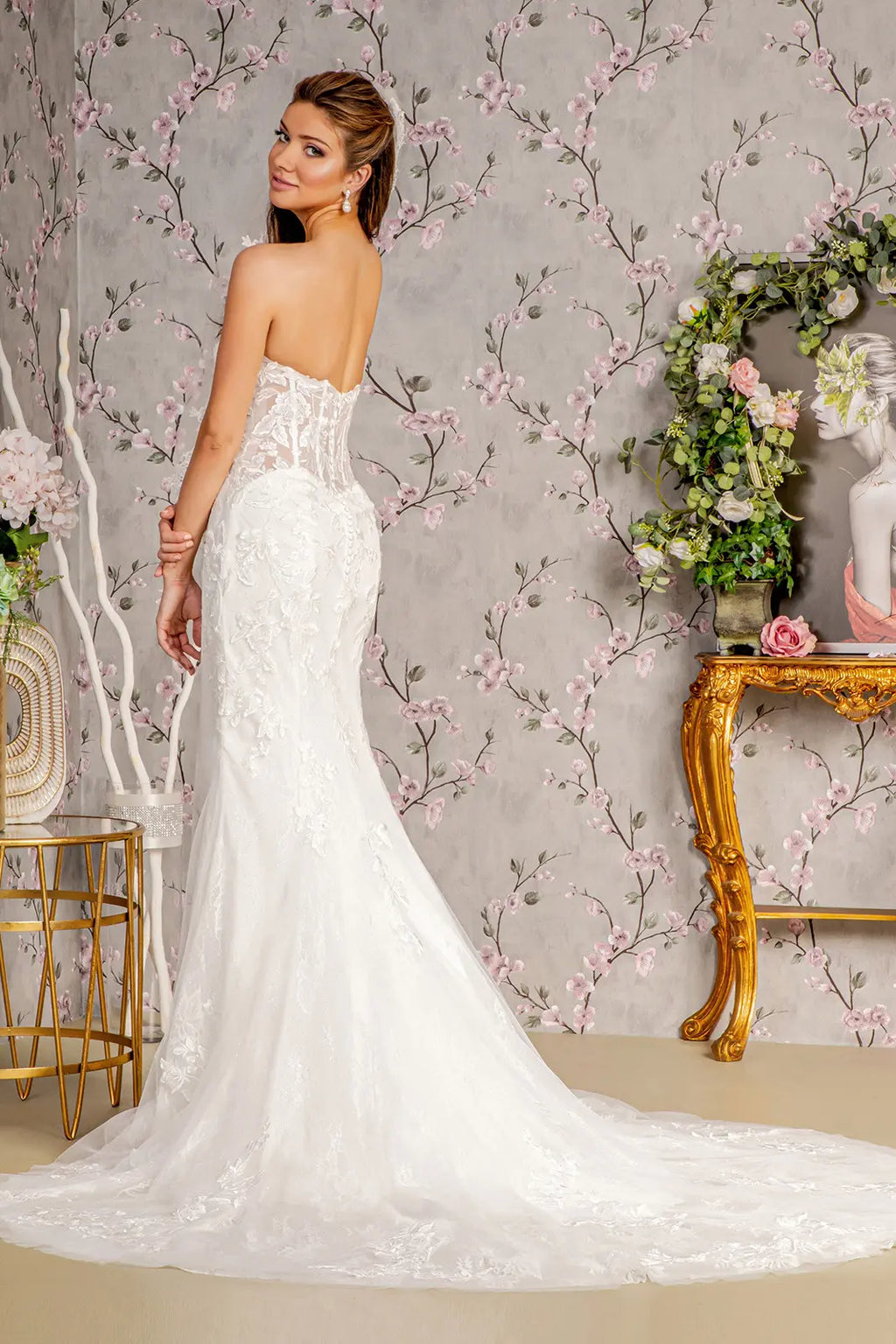 Glitter off shoulder sheer bodice mesh mermaid wedding gown GLGL3488