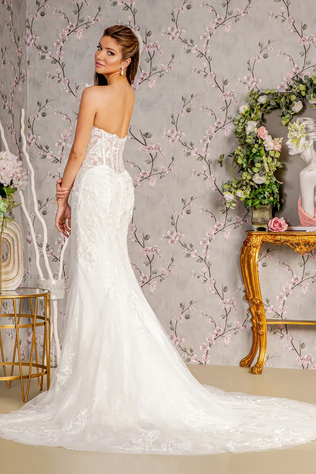Glitter off shoulder sheer bodice mesh mermaid wedding gown GLGL3488