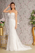 Glitter off shoulder sheer bodice mesh mermaid wedding gown GLGL3488
