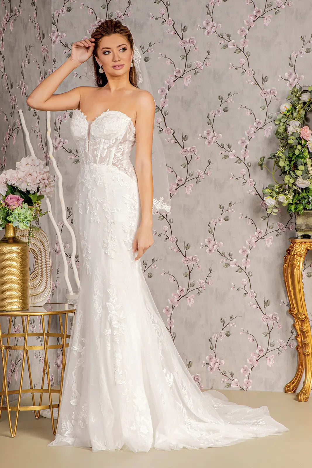 Glitter off shoulder sheer bodice mesh mermaid wedding gown GLGL3488