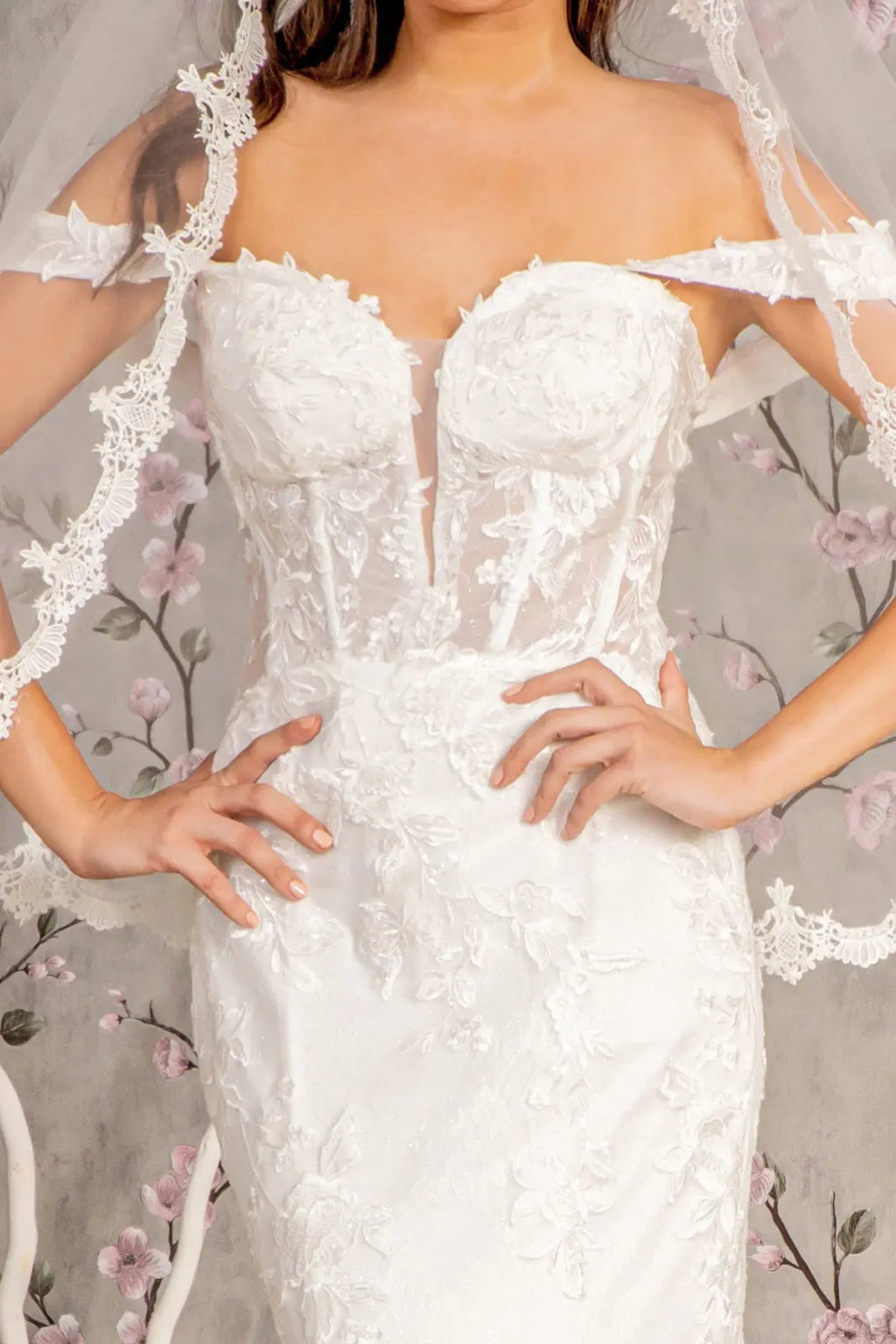 Glitter off shoulder sheer bodice mesh mermaid wedding gown GLGL3488