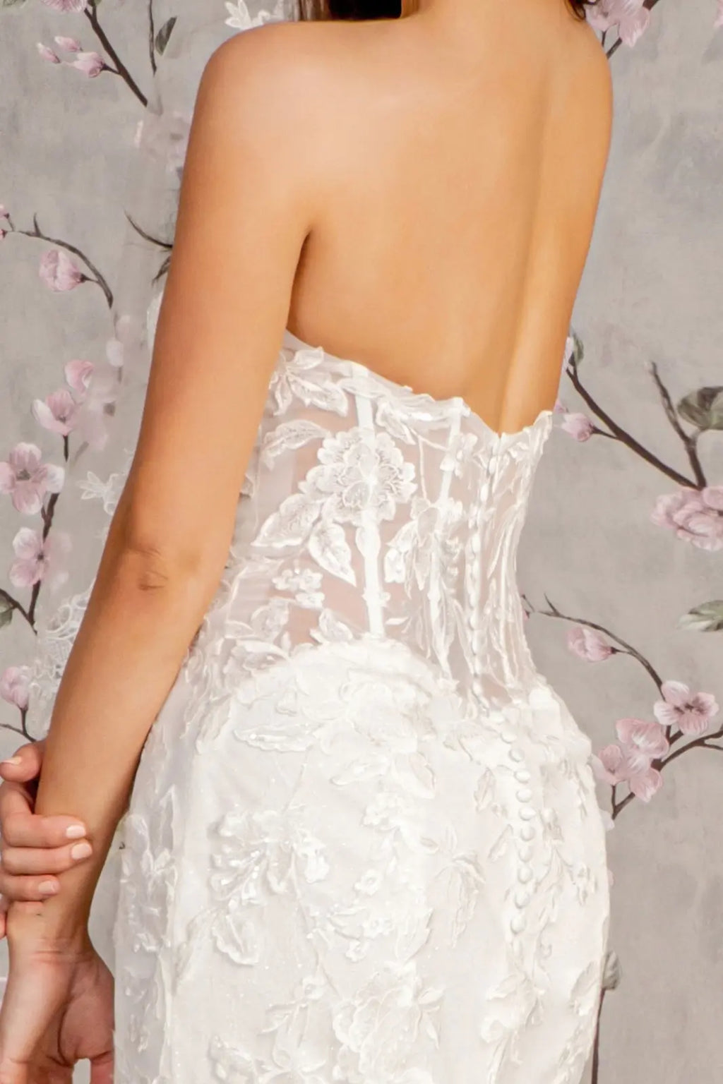 Glitter off shoulder sheer bodice mesh mermaid wedding gown GLGL3488