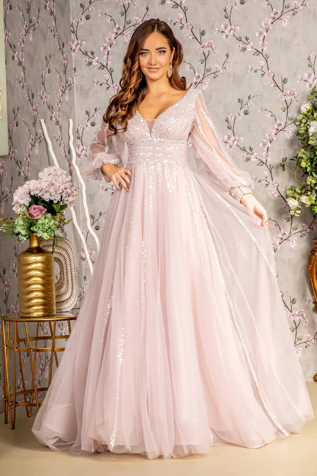 Bead sequin mesh a line long dress w sheer puff sleeves GLGL3495