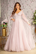 Bead sequin mesh a line long dress w sheer puff sleeves GLGL3495
