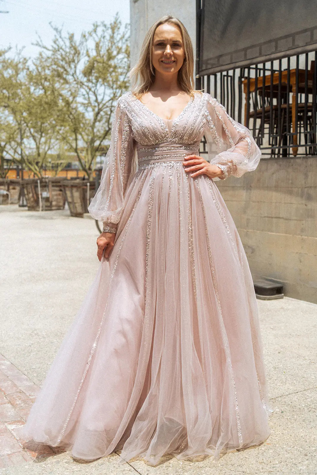 Bead sequin mesh a line long dress w sheer puff sleeves GLGL3495