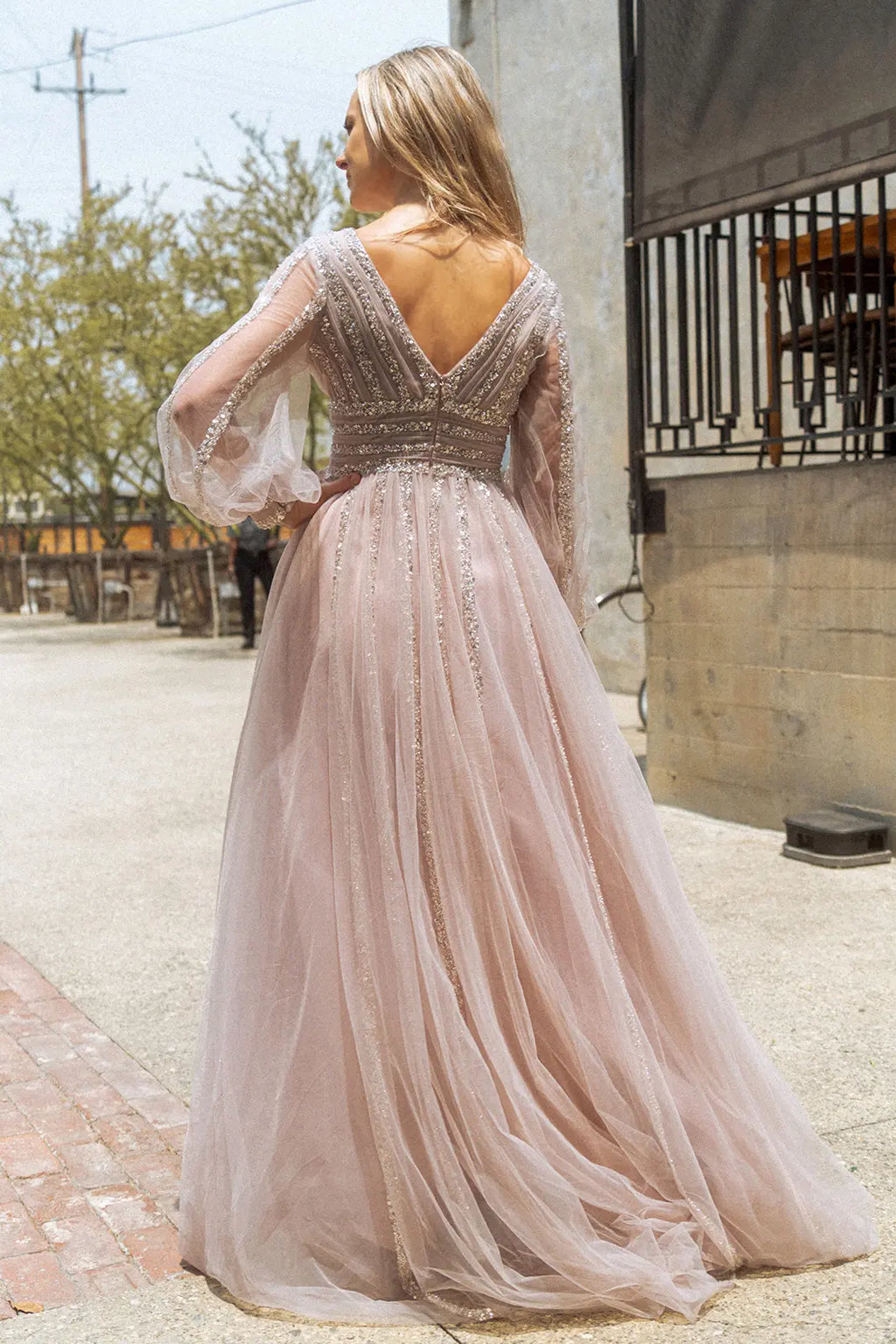 Bead sequin mesh a line long dress w sheer puff sleeves GLGL3495