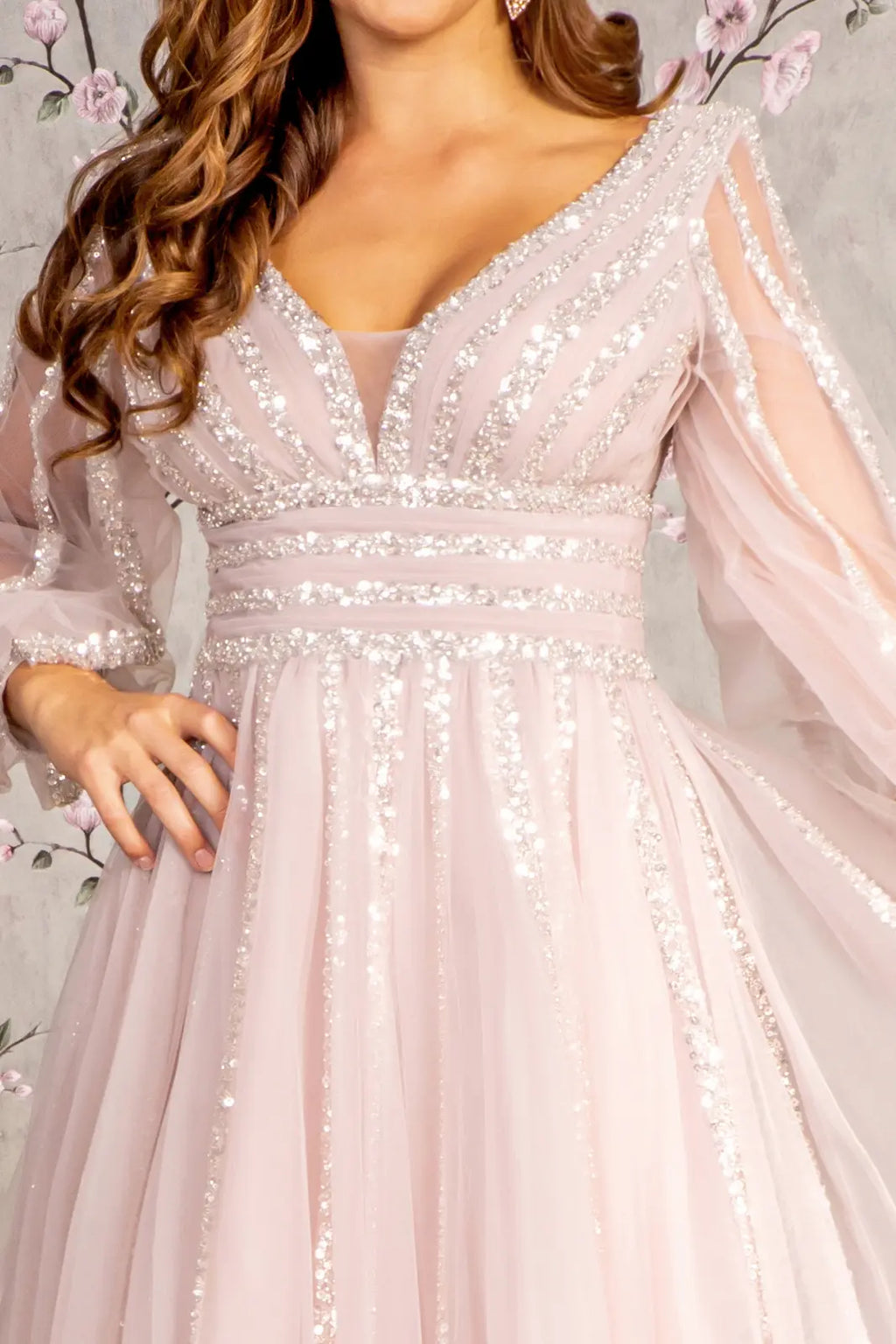 Bead sequin mesh a line long dress w sheer puff sleeves GLGL3495