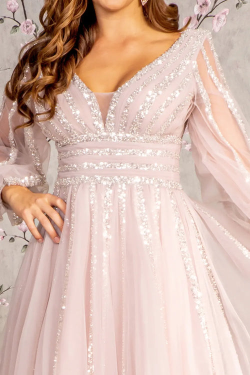 Bead sequin mesh a line long dress w sheer puff sleeves GLGL3495