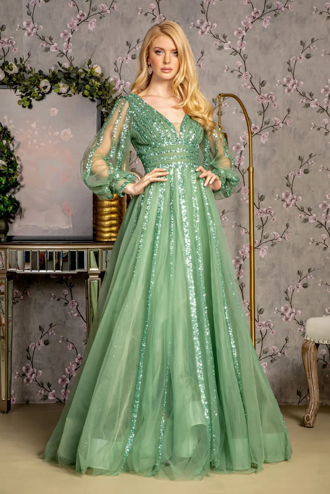 Bead sequin mesh a line long dress w sheer puff sleeves GLGL3495