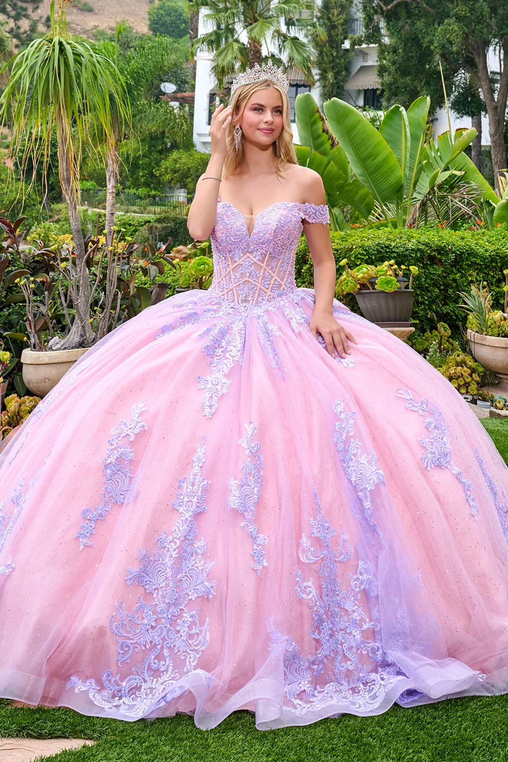 Off shoulder straps v neckline corset bodice glitter underlayer train ball gown with detachable bow GLGL3753