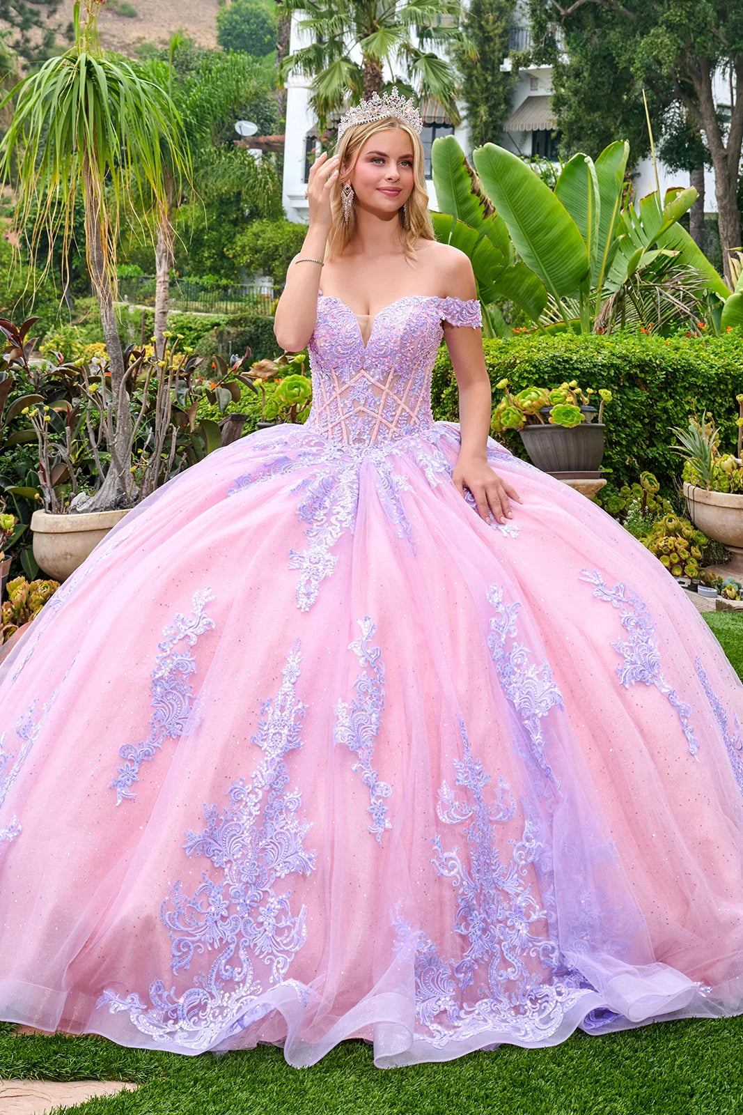 Off shoulder straps v neckline corset bodice glitter underlayer train ball gown with detachable bow GLGL3753