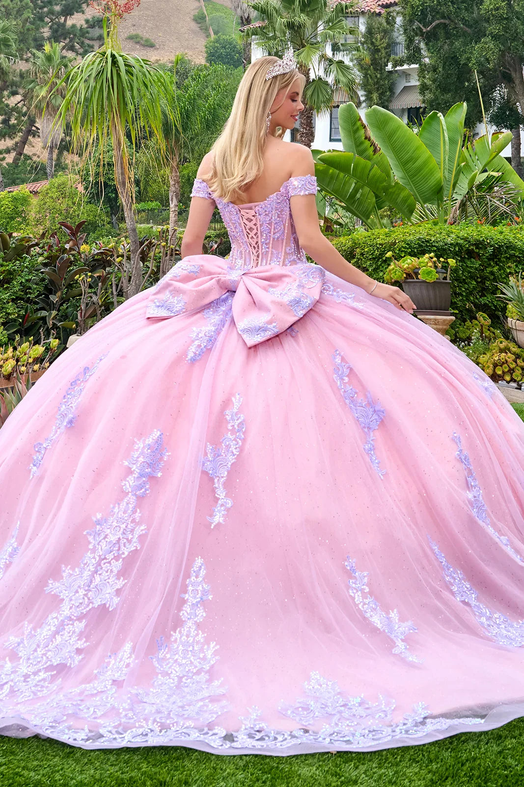 Off shoulder straps v neckline corset bodice glitter underlayer train ball gown with detachable bow GLGL3753
