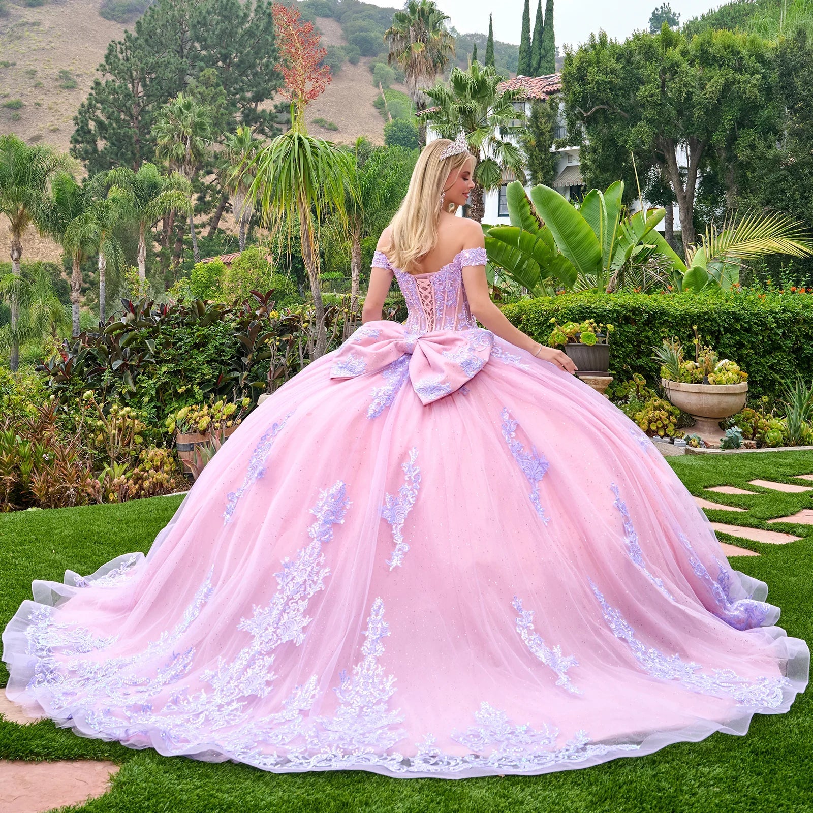 Off shoulder straps v neckline corset bodice glitter underlayer train ball gown with detachable bow GLGL3753