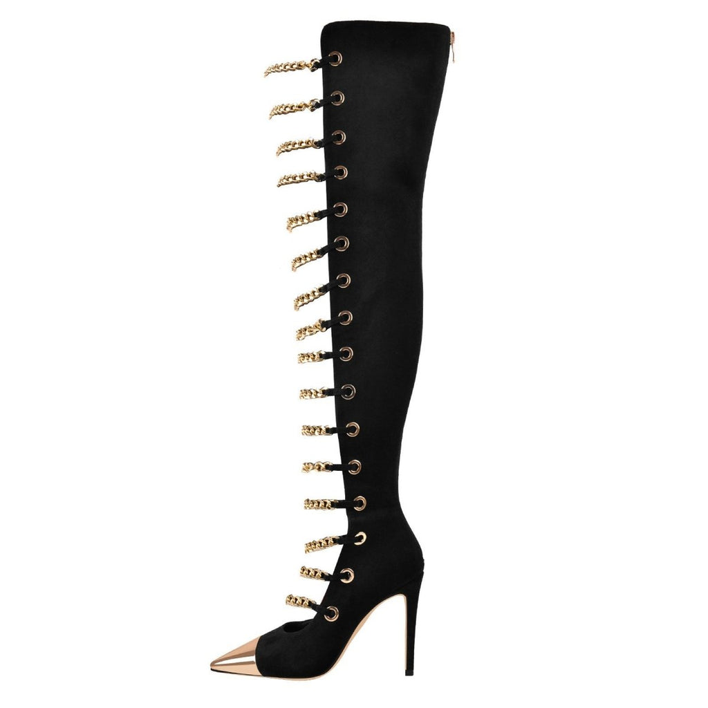 Glam Pointed Toe Gold Chain Black Knee High Boots